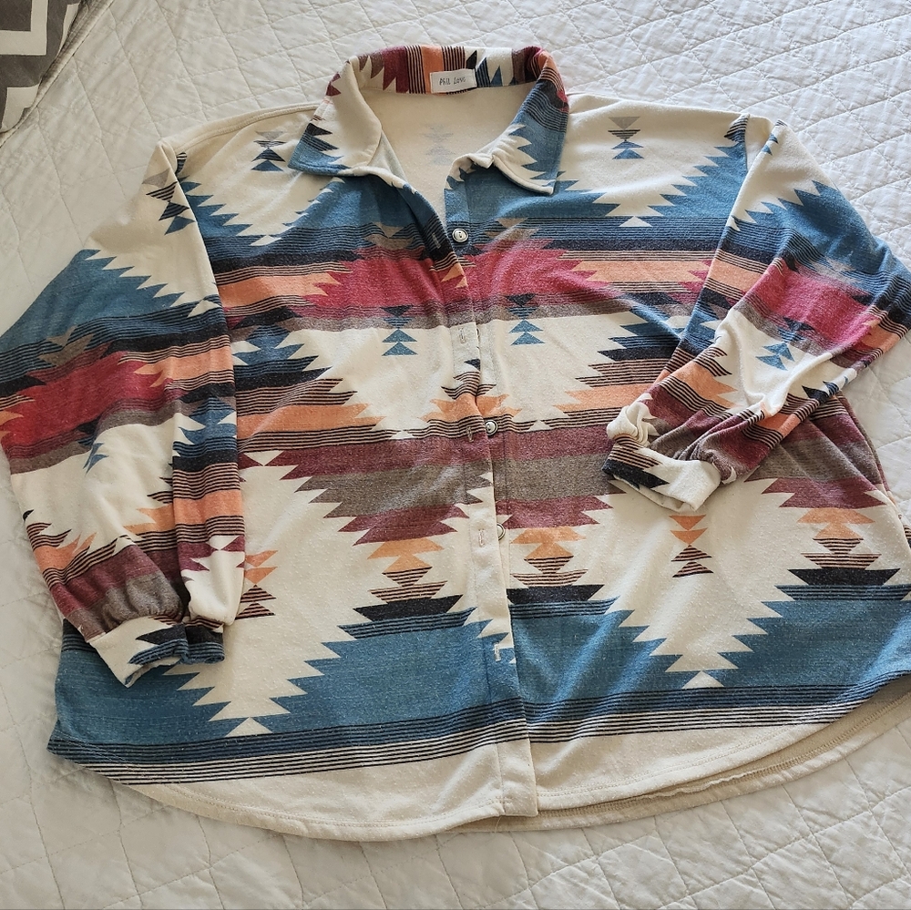 Phil Love Oversized Aztec Petterned Shacket, Size M, Made in USA